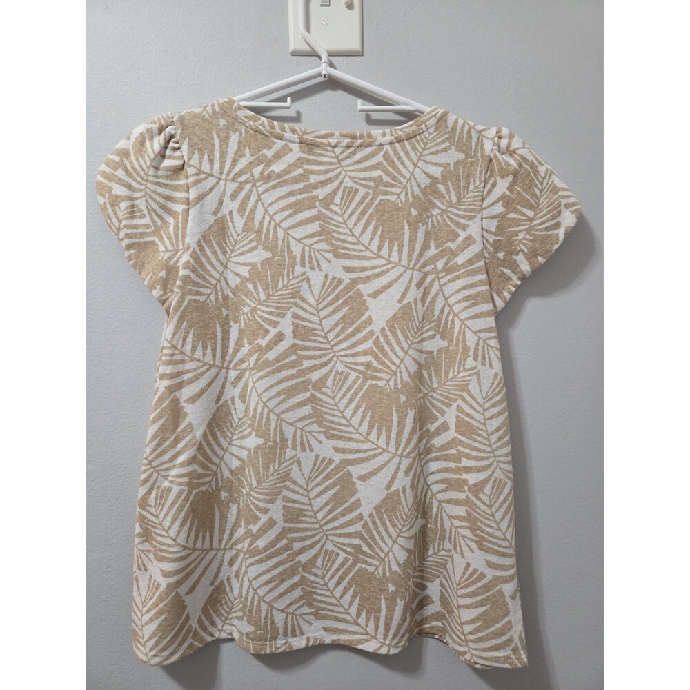 Ann Taylor LOFT Beige White Palm Leaf Tropical Short Sleeve Blouse Women's Small - Picture 2 of 4